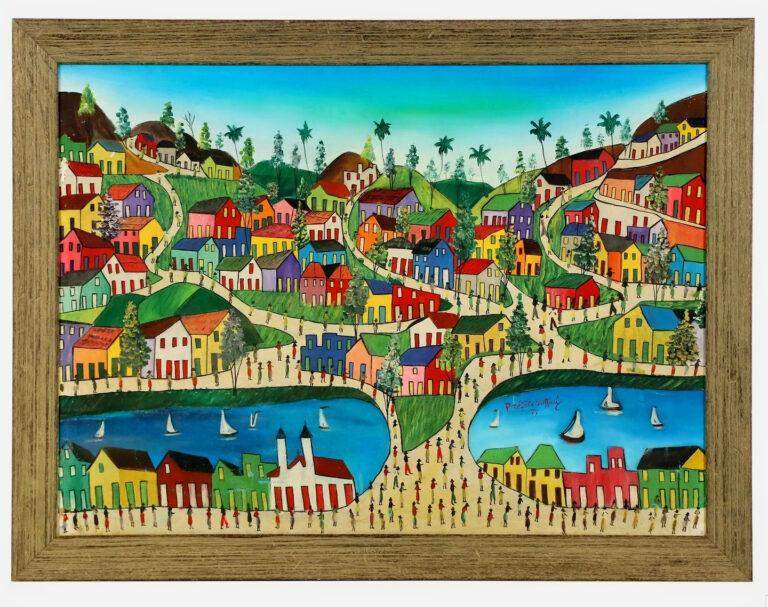 Préfète Duffaut was a major figure in the world of Haitian painting, renowned for his unique style and imaginative cityscapes. Born on January 1st, 1923 in Jacmel, Duffaut was an unhappy child who found solace in drawing from a young age. Despite working with his father in boat building, his talent for art drew him to the Centre D'Art in 1948, where he abandoned his previous profession to pursue his passion. Duffaut's work was often described as "primitive" or "naive," but it was his intricate mountainous landscapes with winding roads that truly set him apart. His talent was recognized on a global scale, and his mural at the Holy Trinity Cathedral in Port-au-Prince stands as a testament to his immense skill. He was also a favorite of Jackie Kennedy Onassis, who collected several of his paintings. Duffaut's work can be found in numerous major museums around the world, including The Museum Of Modern Art in New York and The Museum of Modern Art in Brooklyn. He was a "must-have" for serious Haitian art collectors, and his contribution to the art world is immeasurable. Throughout his career spanning over 70 years, Duffaut painted an immense body of work that was exhibited in galleries and museums across the globe, including the Musée du College Saint-Pierre in Port-au-Prince, the Grand Palais in Paris, the Davenport Museum, the Waterloo Museum, and the MoMa of New York. Duffaut's passion for painting was inspired by a vision of the Virgin Mary, who appeared to him on a mountaintop and commanded him to paint his imaginary city. He moved with his family to the Carrefour-Feuilles neighborhood in Port-au-Prince in the 1960s, where he continued to paint his beloved cityscapes as well as mystical pieces. Préfète Duffaut passed away on October 6, 2012, at the age of 89. His work, characterized by its intricate detail and devotion to Vodou spirits, continues to be exhibited and collected by many prominent collectors and museums worldwide, including the Musee d'Art Nader and the Musee d'Art Haitien in Haiti, the Figge Art Museum in Davenport, Iowa, the Waterloo Museum of Art in Waterloo, Iowa, the New Orleans Museum of Art in New Orleans, Louisiana, the Museum of Modern Art in New York, and the Milwaukee Art Museum in Milwaukee. As a master of popular painting in the 1940s, Duffaut's fantastical depictions of urban life were groundbreaking and influential. He expanded the scope of Latin American art and continues to inspire artists worldwide.